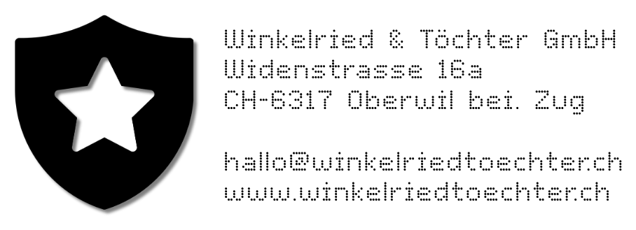 Winkelried & Töchter GmbH, Widenstrasse 16a, CH-6317 Oberwil bei Zug. hallo@winkelriedtoechter.ch. Zuger Kantonalbank, IBAN CH49 0078 7785 4809 8369 2